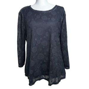 Keren Hart Black Lace Polka Dot Mesh Blouse Long Sleeve Lined Top Womens Large